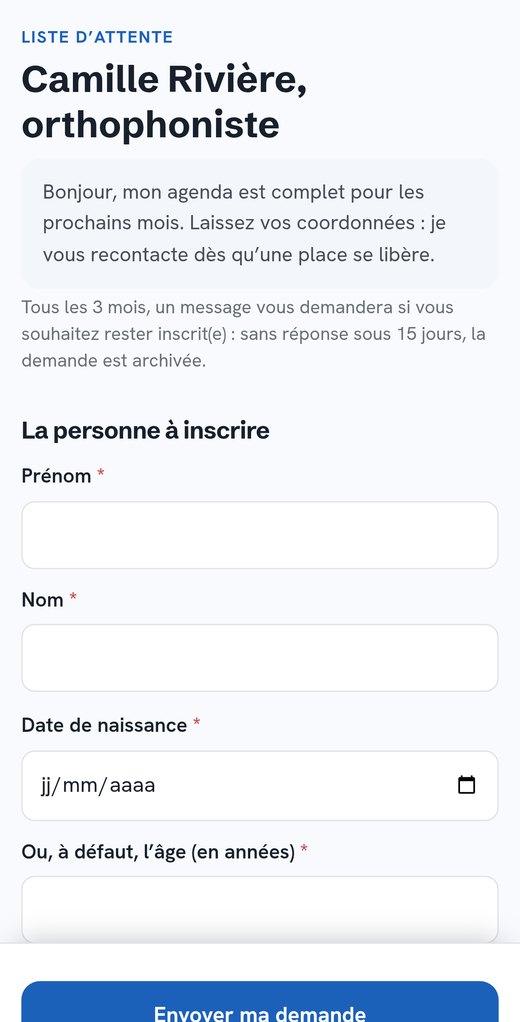 La page d’inscription en liste d’attente, sur un téléphone