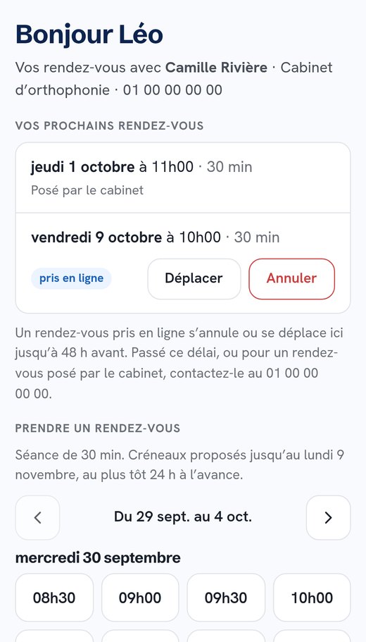 La page de rendez-vous en ligne d’un patient, sur un téléphone