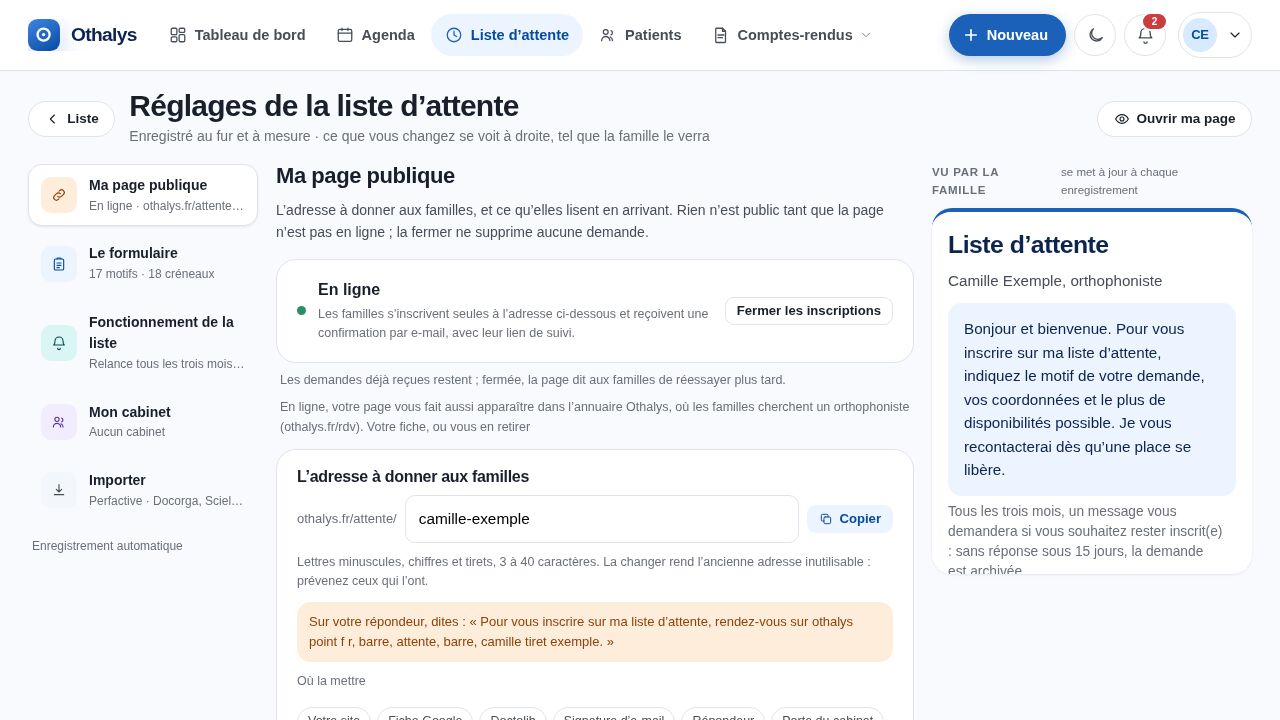 Les réglages de la page d’inscription, avec l’aperçu de ce que voit la famille
