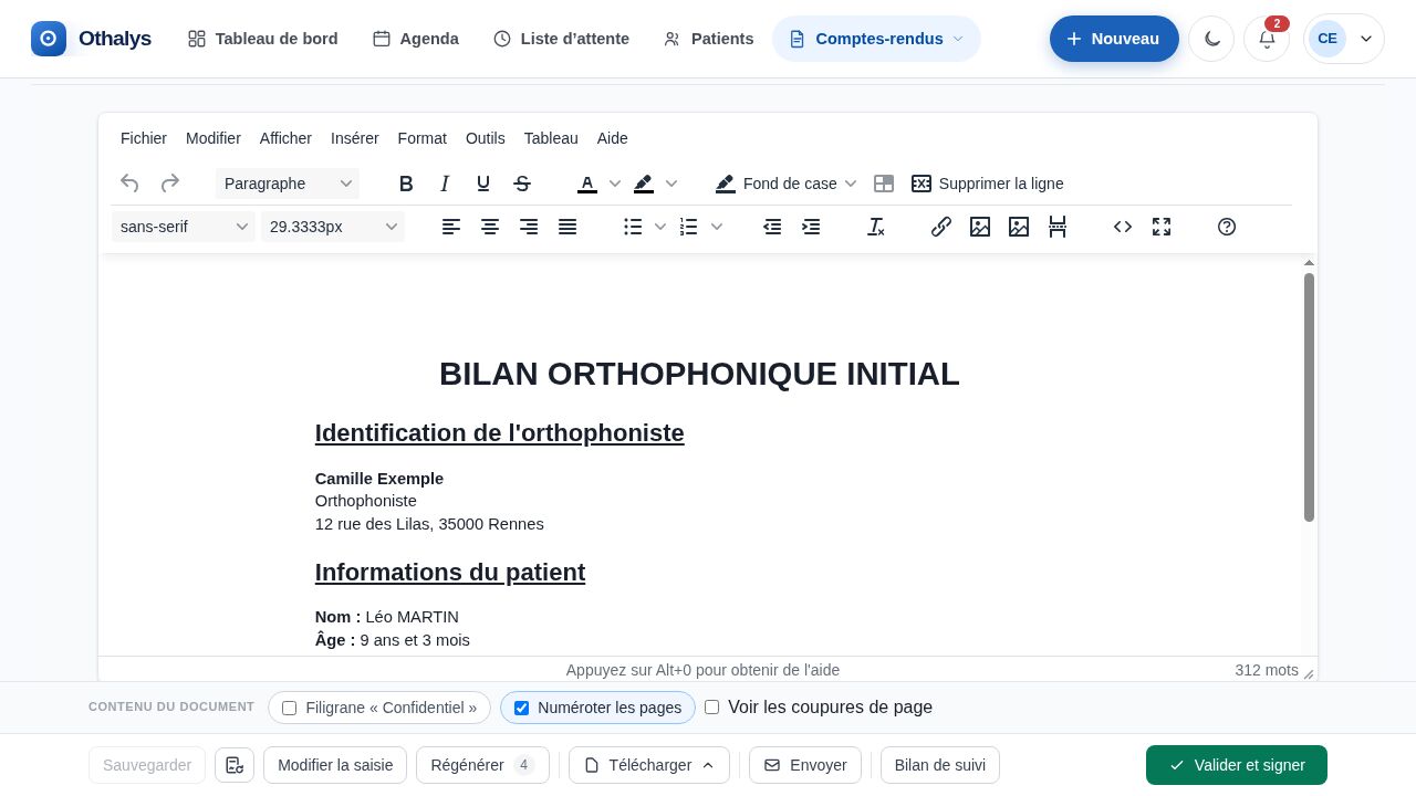 Le compte rendu dans l’éditeur, avec Télécharger, Envoyer et Valider et signer