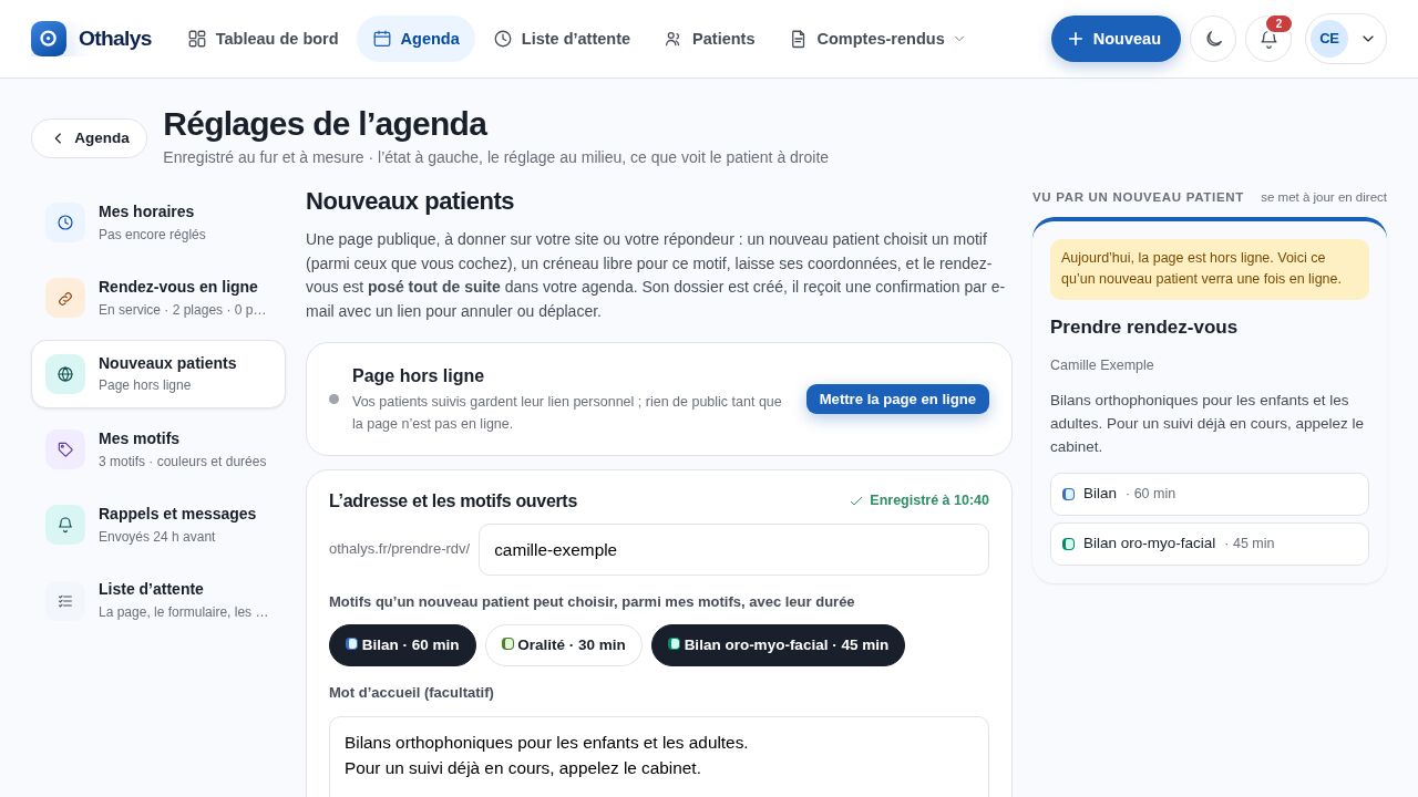 La page de réservation des nouveaux patients, avec ses motifs et son aperçu